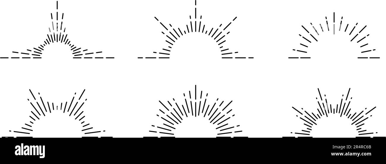 Set di cornici a mezza esplosione. Collezione di simboli dell'alba e del tramonto. Pacchetto raggi solari radiali. Forme retrò di raggi del sole. Elementi di design per logo, etichette, badge, poster, icone. Bundle vettoriale Illustrazione Vettoriale