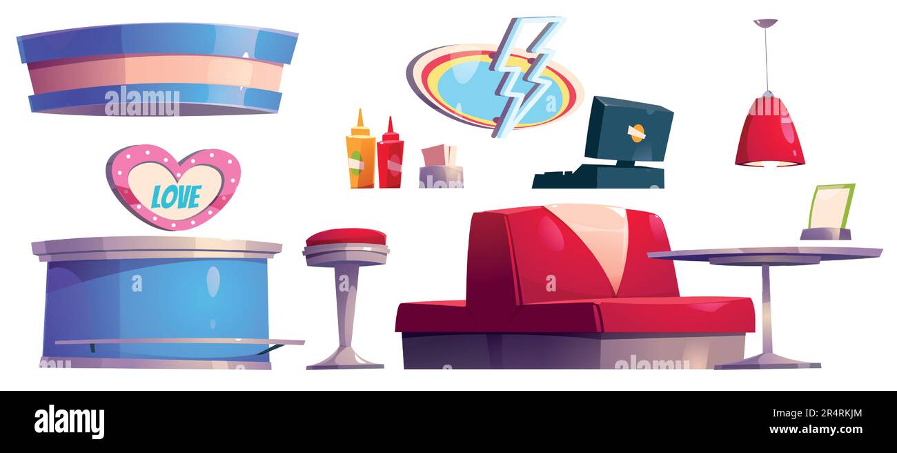 Retro diner, fast food interno. Caffetteria vintage in stile anni '50s, caffetteria americana con bancone, cassa, tavolo, divano e insegna al neon isolata su sfondo bianco, set di cartoni animati vettoriali Illustrazione Vettoriale