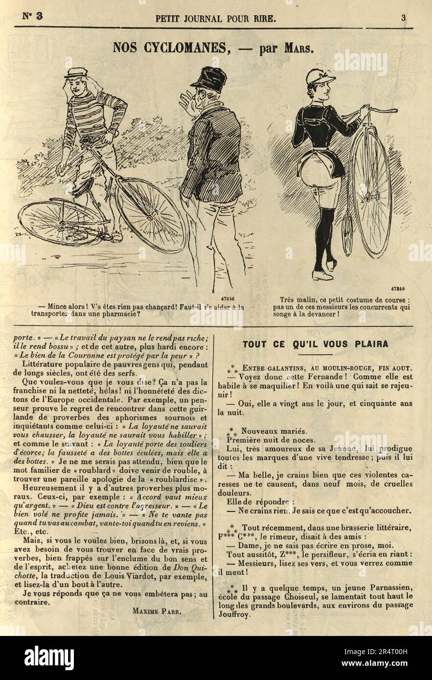 Pagina da carta comic francese d'epoca, Cartoon, Nos cyclomanes. Uomo con bicicletta rotta, donna in sella a penny lontano. 1890s, vittoriano Foto Stock