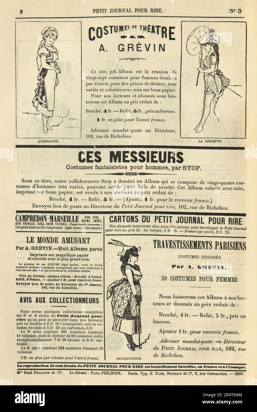 Pagina di annunci Vintage di giornali francesi, costumi, moda, 1890s, 19th ° secolo Foto Stock