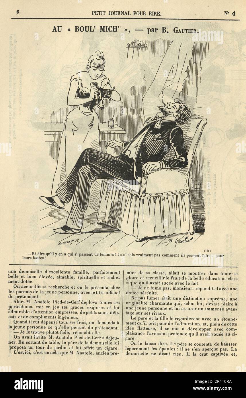 Pagina da carta comic francese vintage, Cartoon, Donna pulizia a mans stivali per lui 1890s, 19th ° secolo Foto Stock