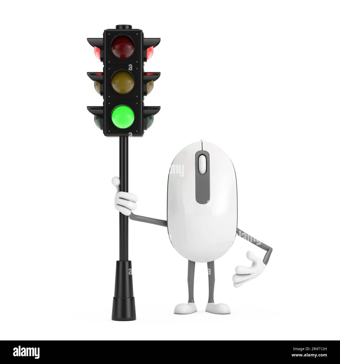 Computer mouse Cartoon personaggio persona Mascot con semaforo verde su sfondo bianco. rendering 3D Foto Stock