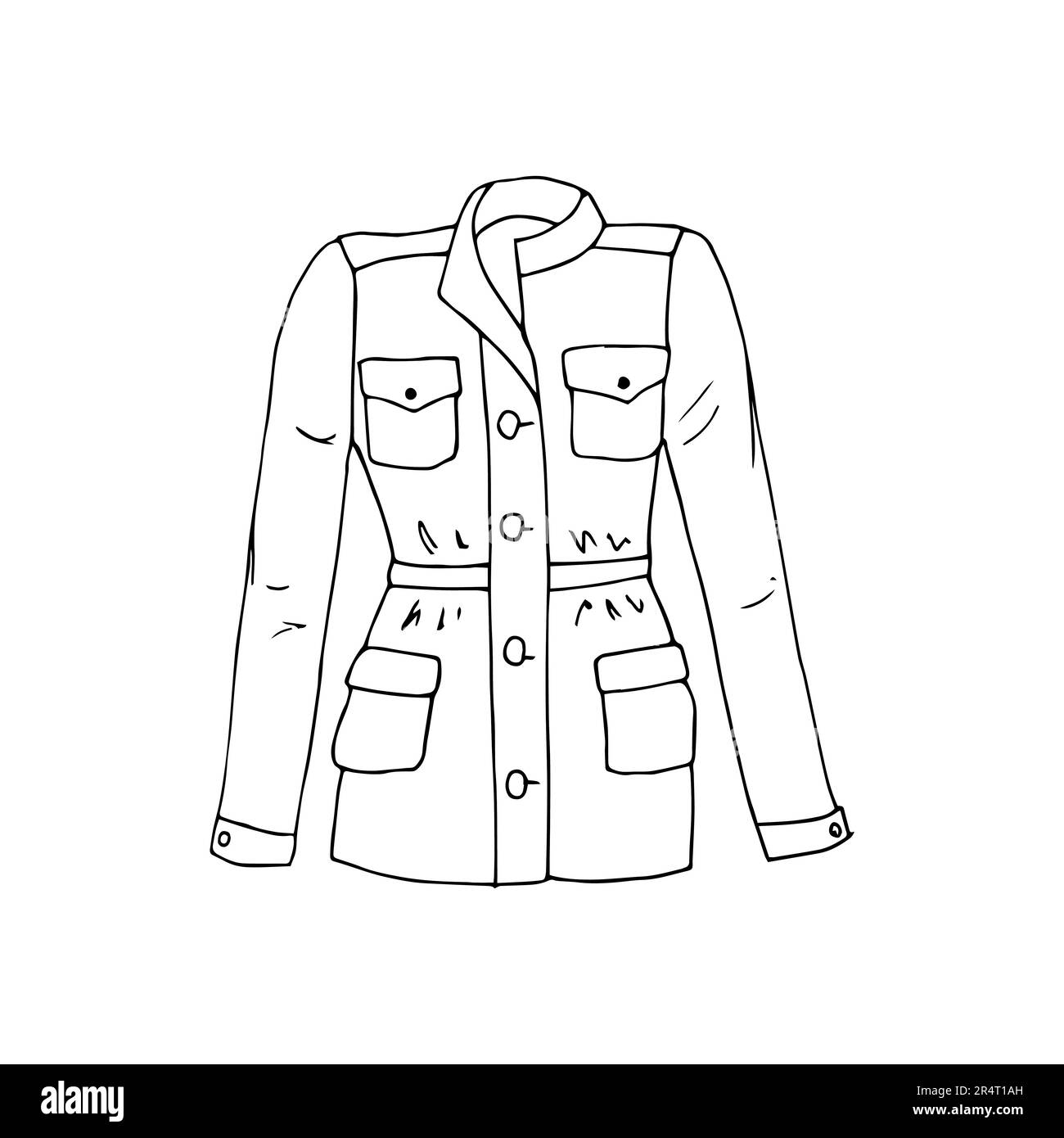 Giacca da donna in stile militare disegnata a mano, illustrazione vettoriale isolata in stile doodle Illustrazione Vettoriale