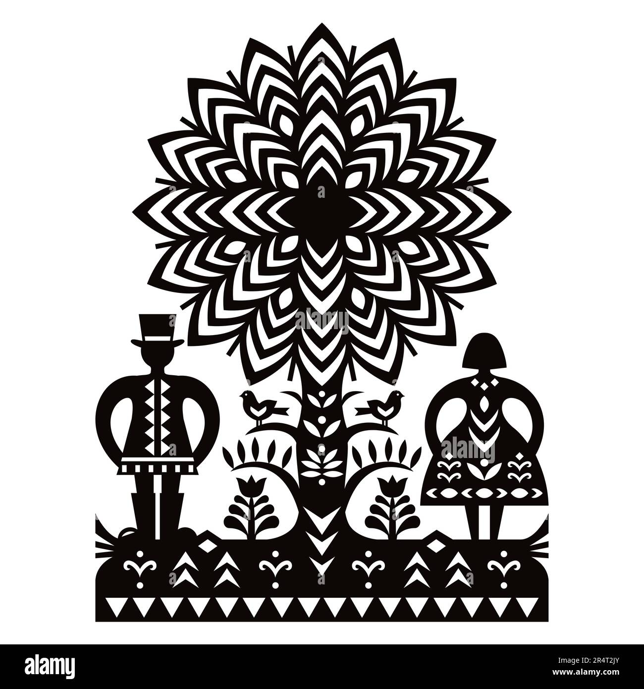 Disegno vettoriale dell'arte popolare polacca con uomo in cappello, donna e uccelli Kurpiowskie Leluje Wycinanki - disegno di tagli di carta Kurpie in bianco e nero Illustrazione Vettoriale