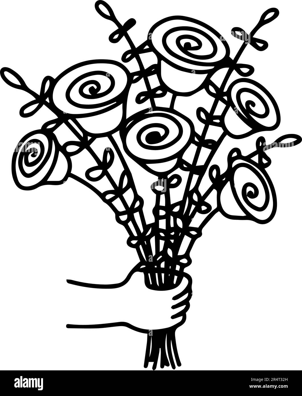 Una mano che tiene un bouquet di ranuncolo e fiori di rose. Illustrazione vettoriale del negozio di fiori per la scheda, la celebrazione di nozze. Illustrazione Vettoriale