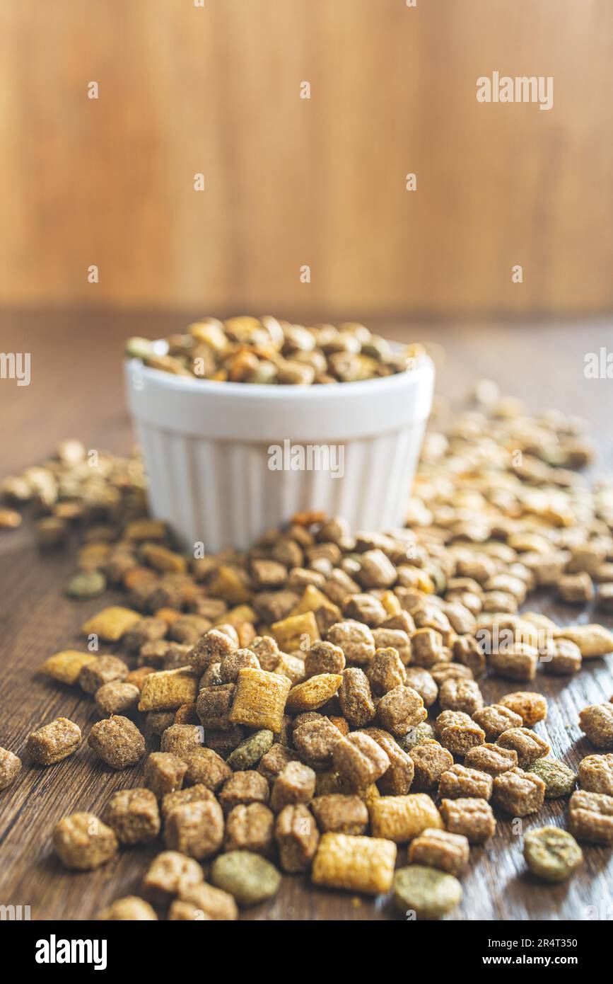 Pappe per animali domestici a secco. Cibo per cani o gatti in una ciotola sul tavolo di legno. Foto Stock