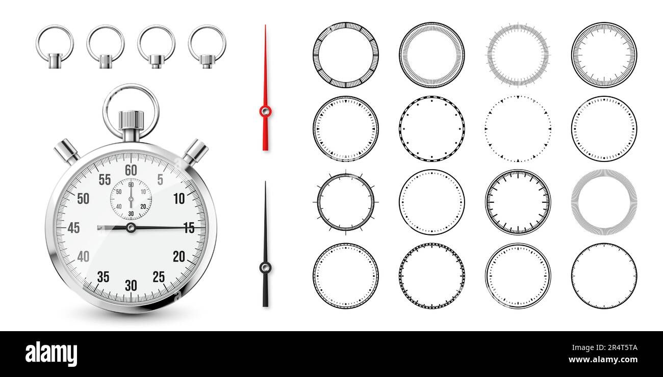 Cronometro classico con quadrante orologio. Cronometro in metallo lucido, cronometro  con quadrante. Timer con conto alla rovescia che visualizza minuti e  secondi. Misurazione del tempo per Immagine e Vettoriale - Alamy