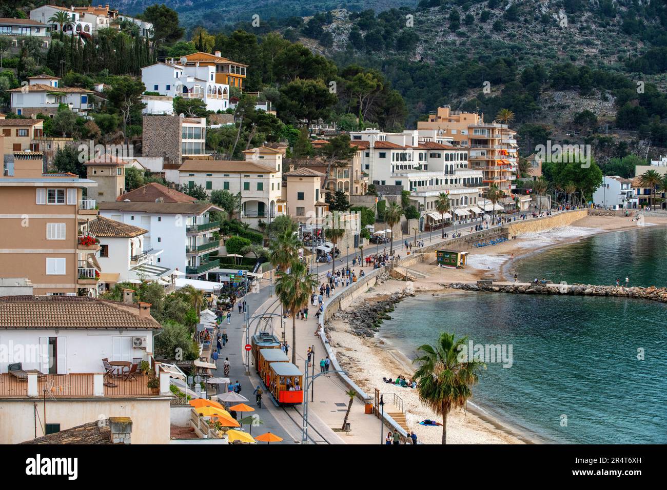 Vista aerea Platja de Port de soller spiaggia, Port de Soller, Maiorca, isole Baleari, Spagna Foto Stock