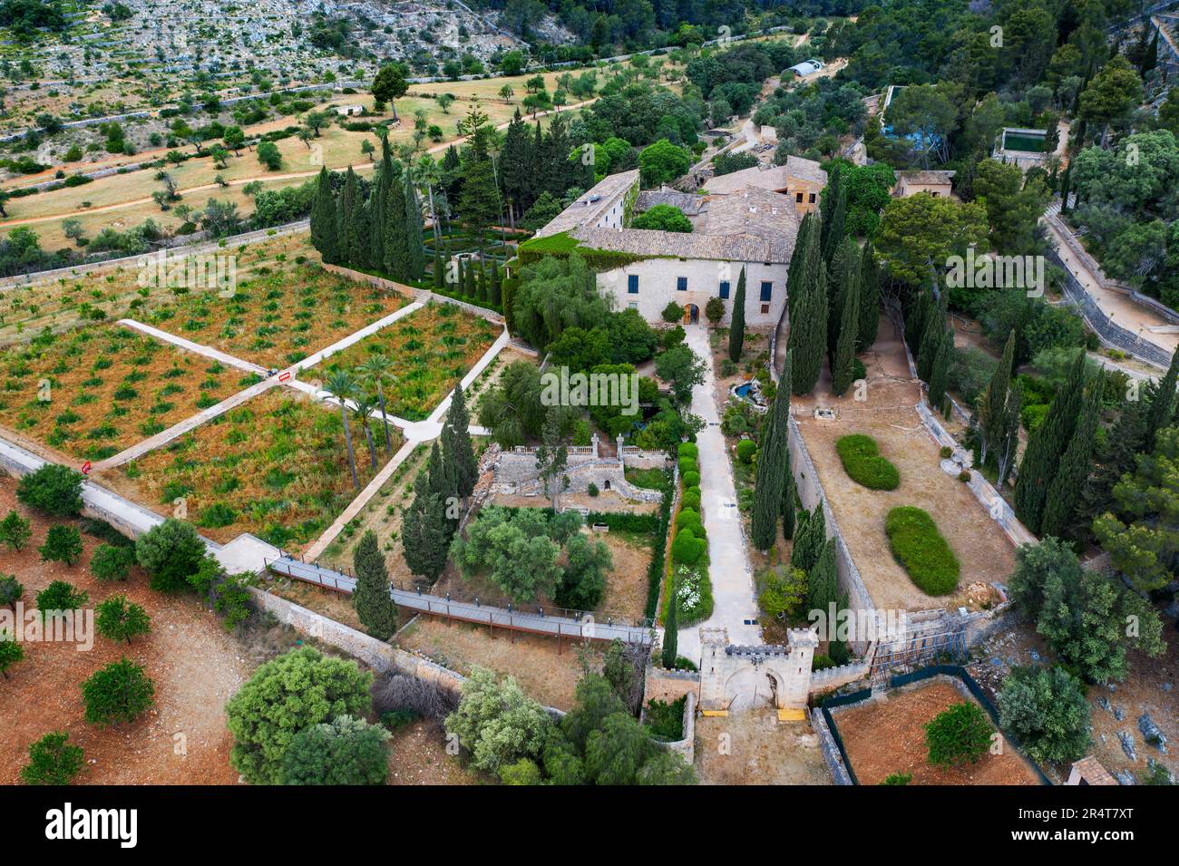 Vista aerea, casa Raixa e giardini a Buñola, Isole Balneari, Palmanyola, Bunyola, Maiorca, Isole Baleari, Isole Baleari, Baleares, Spagna Foto Stock