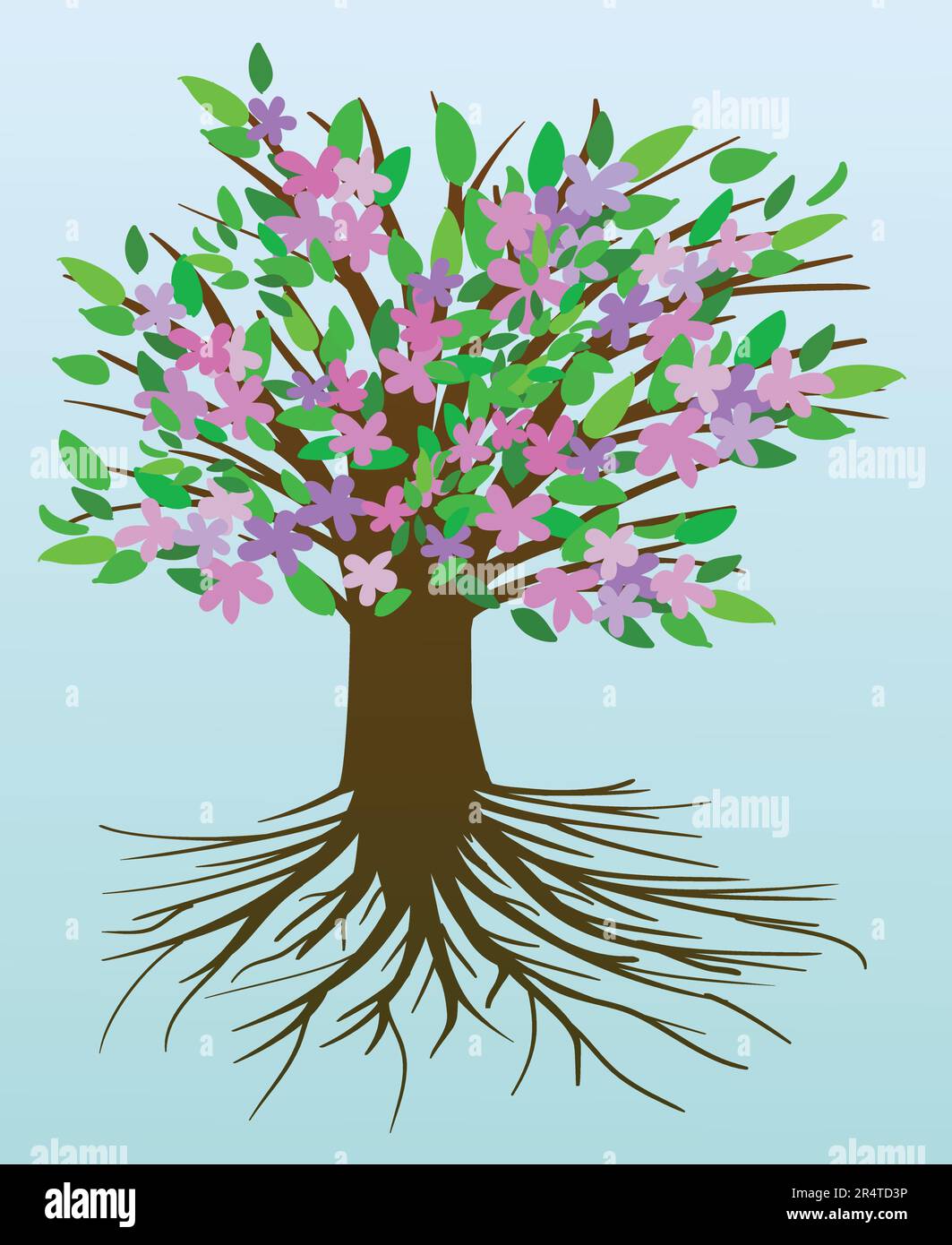 Albero di vita con fiori rosa e viola e foglie verdi. Sfondo sfumato blu chiaro. Illustrazione Vettoriale