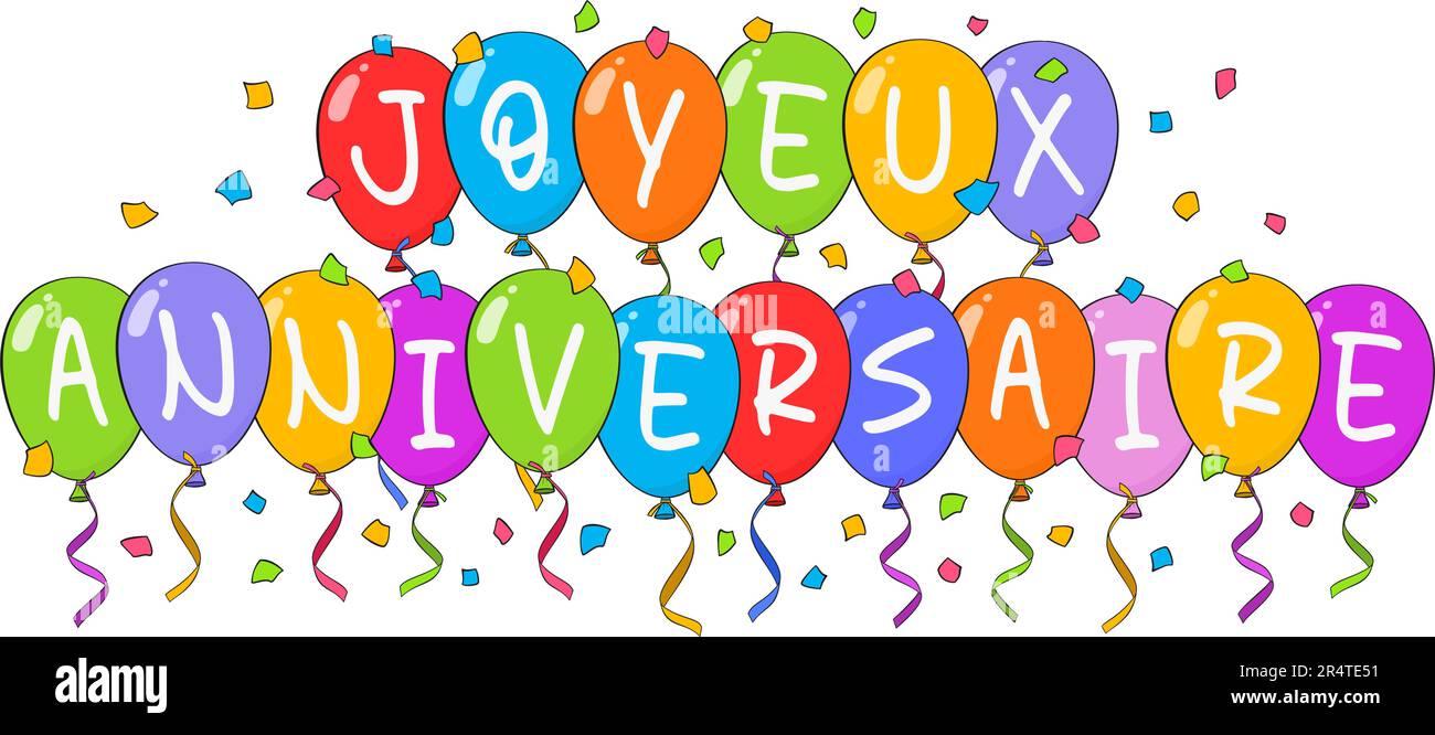 Buon compleanno in francese (Joyeux anniversaire) con palloncini colorati e coriandoli. Cartone animato. Illustrazione vettoriale Illustrazione Vettoriale