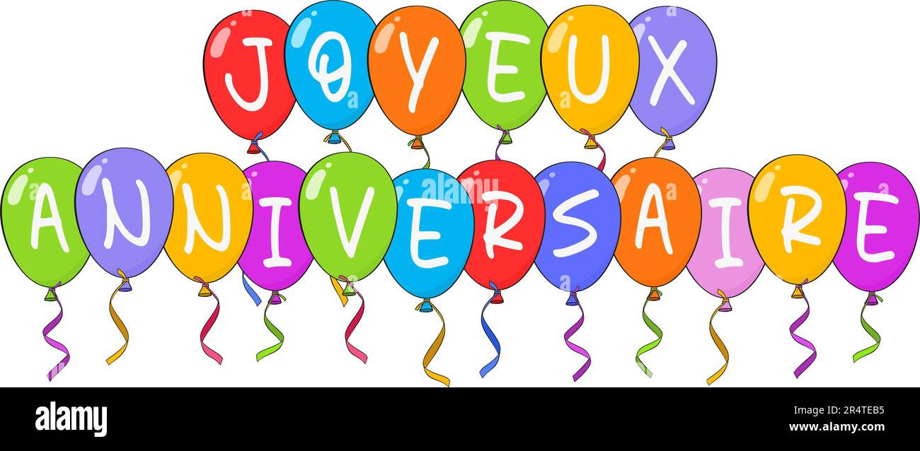 Buon compleanno in francese (Joyeux anniversario) con palloncini colorati. Cartone animato. Illustrazione vettoriale Illustrazione Vettoriale