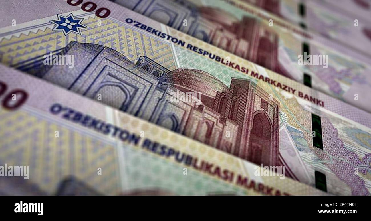 Illustrazione di Uzbekistan Sum Money Printing 3D. 50000 Stampa banconote UZS. Concetto di finanza, cassa, crisi economica, successo commerciale, recessione, banca, imposta a. Foto Stock