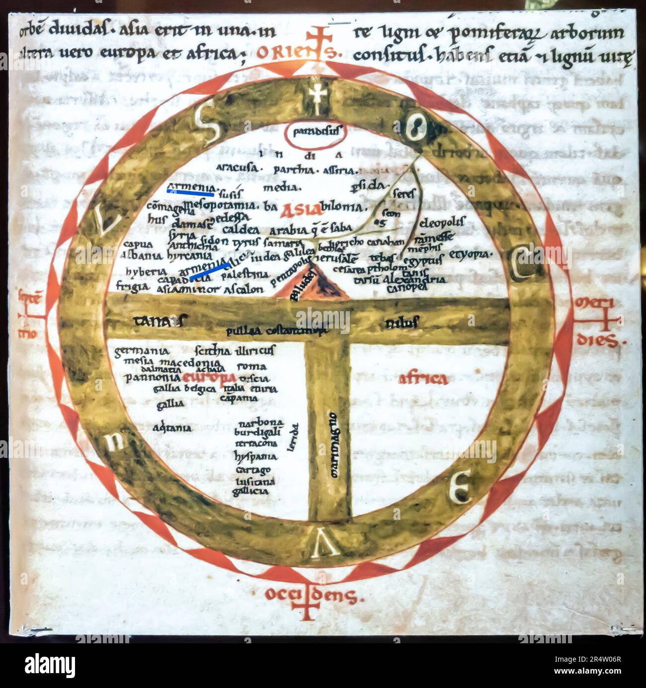 Mondo secondo il vescovo Isidoro di Siviglia (560-636), mappa religiosa. Manoscritto del XII secolo dalla biblioteca mejean Foto Stock
