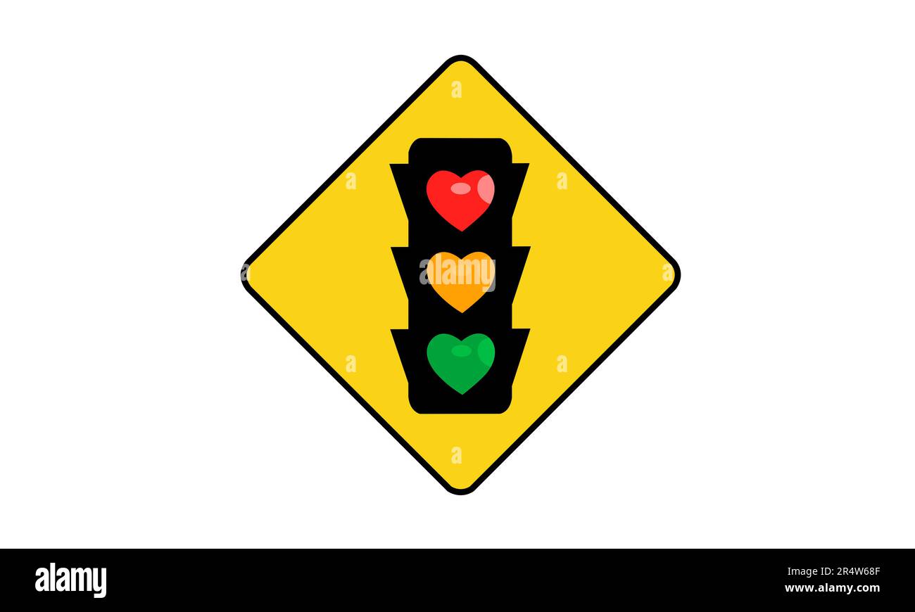 Illustrazione vettoriale semaforo a forma di cuore sul cartello stradale quadrato su sfondo bianco. Progettare i simboli del traffico, giorno di San Valentino. Foto Stock