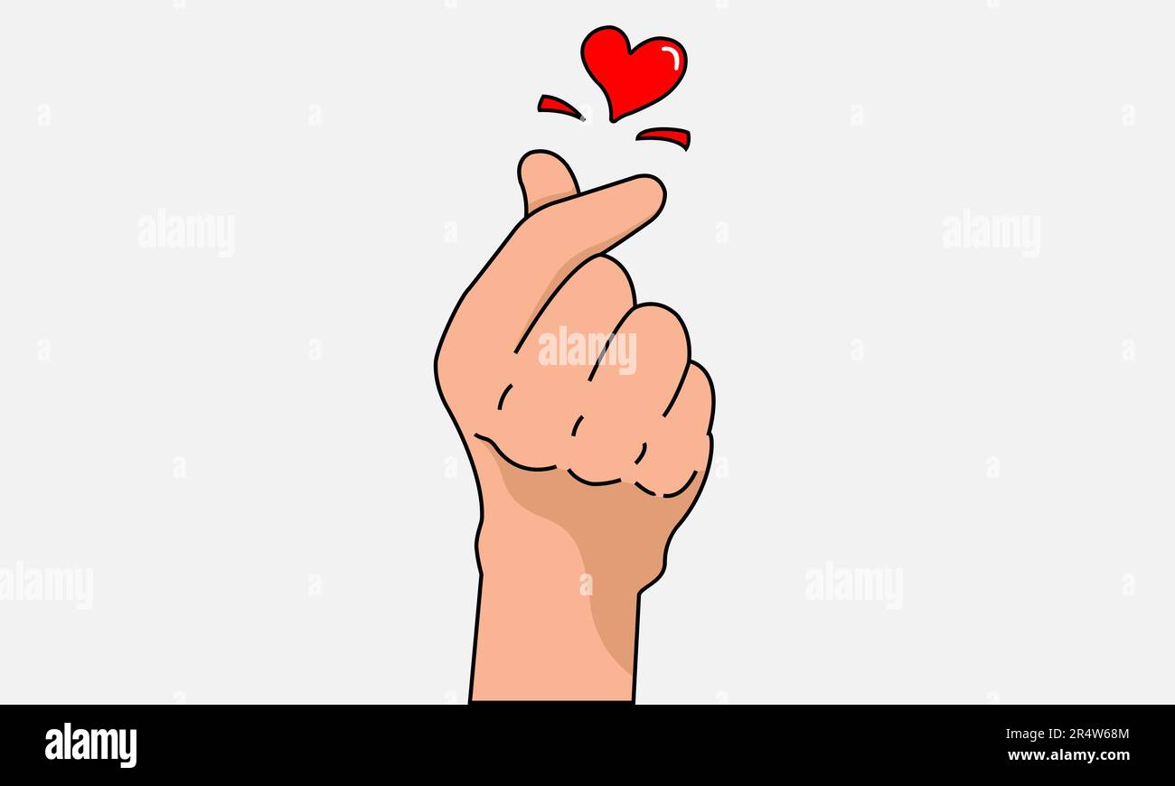 Simbolo mini duro stile coreano amore. Illustrazione vettoriale icona gesto dito piccolo cuore significa che ti amo piccolo cuore simbolo. Foto Stock