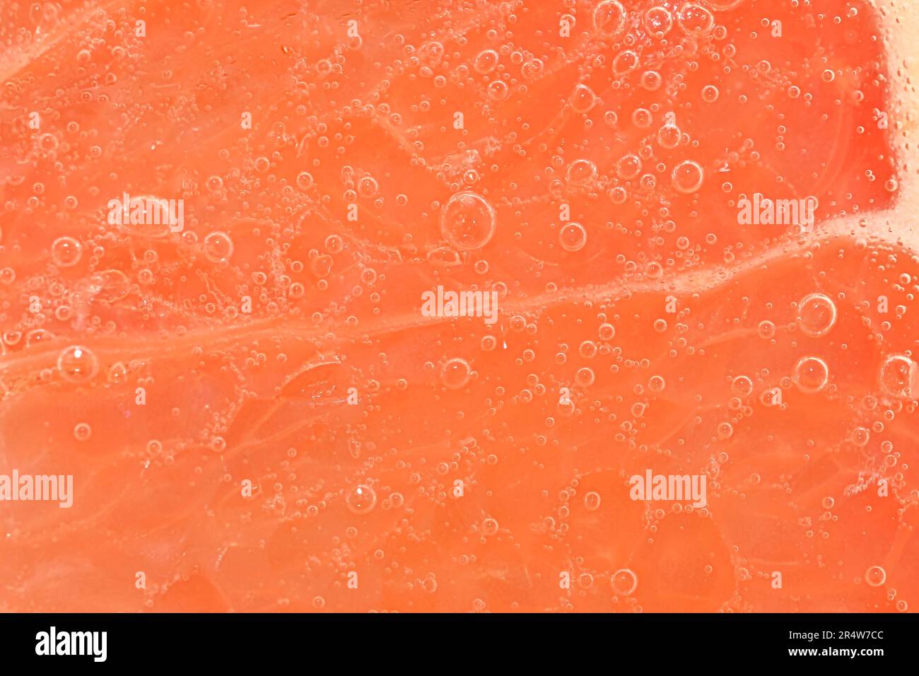Fetta di pompelmo maturo in acqua. Primo piano di pompelmo in liquido con bolle. Fetta di pompelmo maturo in acqua frizzante. Immagine macro orizzontale Foto Stock