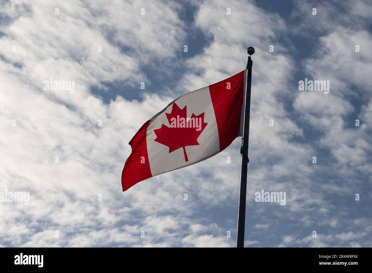 Una bandiera canadese che soffia nel vento. La foglia di acero rosso è su un panno quadrato appeso a un'asta per bandiera. La bandiera nazionale del Canada è alta nel cielo. Foto Stock