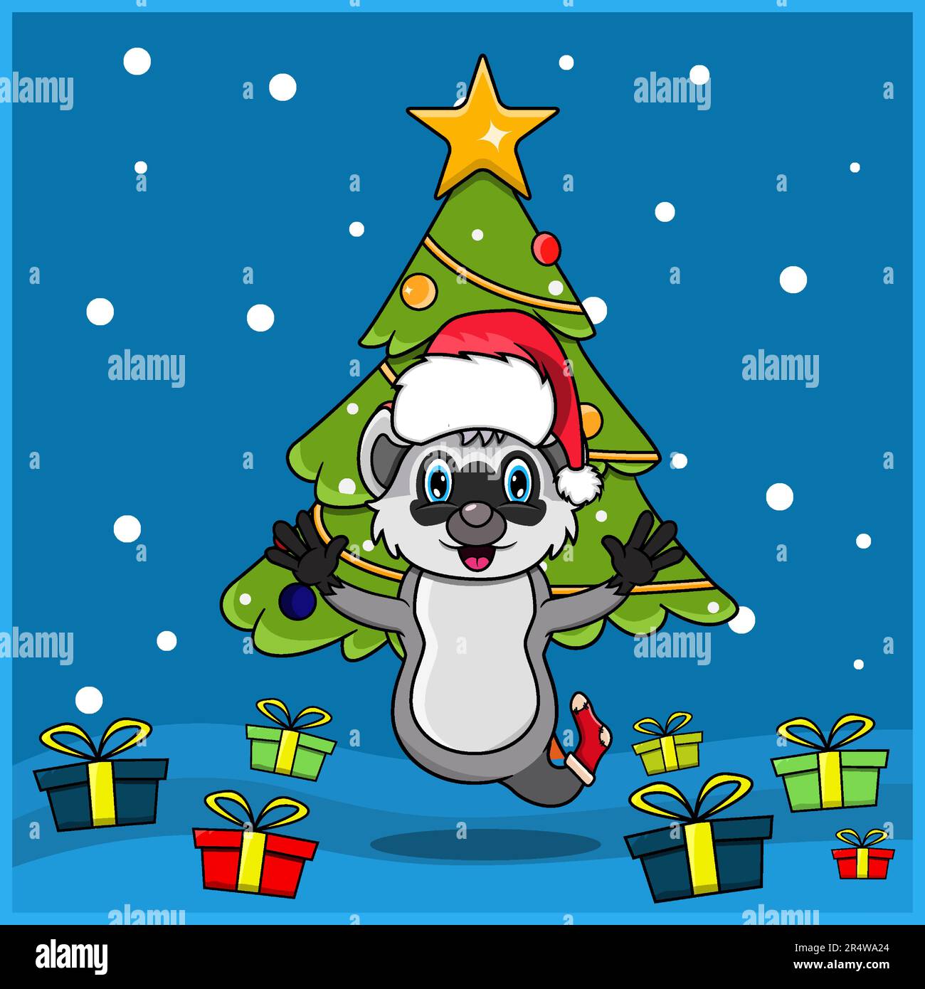 Cute Animal Christmas con Raccoon Character Design, indossare calza e cappello Natale. Sfondo del bosco. Perfetto per sfondo, biglietto d'auguri, etichetta Illustrazione Vettoriale