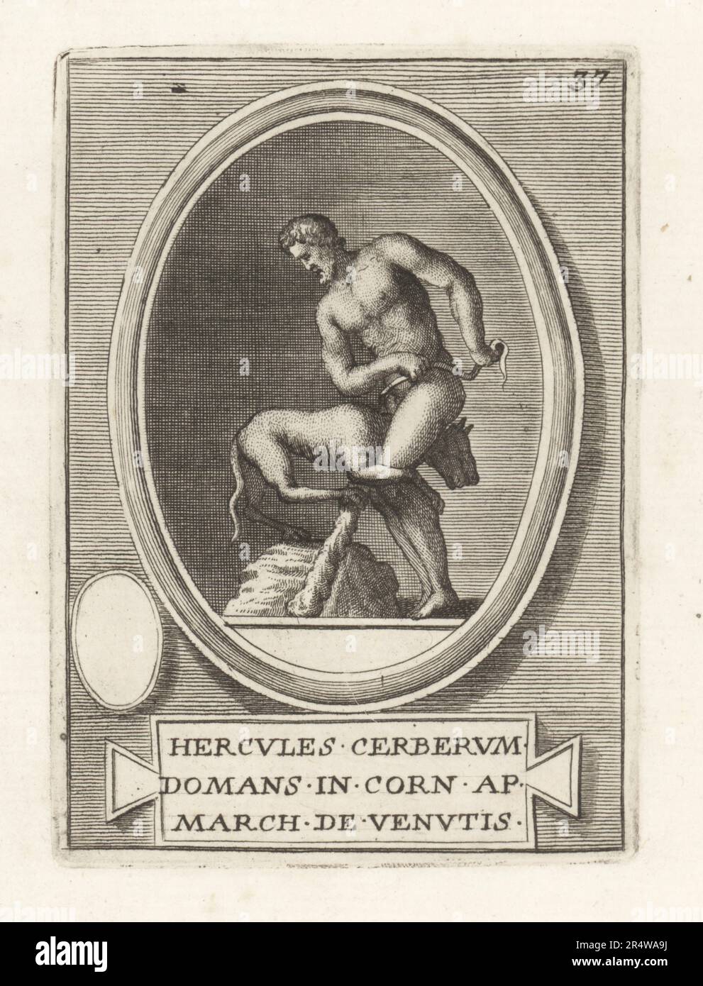 L'eroe romano Ercole sottomette l'hellhound a tre teste Cerberus. Da una gemma corneliana incisa. Hercules Cerberum Domans in Corn ap marzo de Venutis. Incisione su copperplate di Francesco Valesio, Antonio Gori e Academia Etrusca di Ridolfino Venuti, Museo Cortonense in quo Vetera Monumenta, (Accademia Etrusca o Museo di Cortona), Faustus Amideus, Roma, 1750. Foto Stock