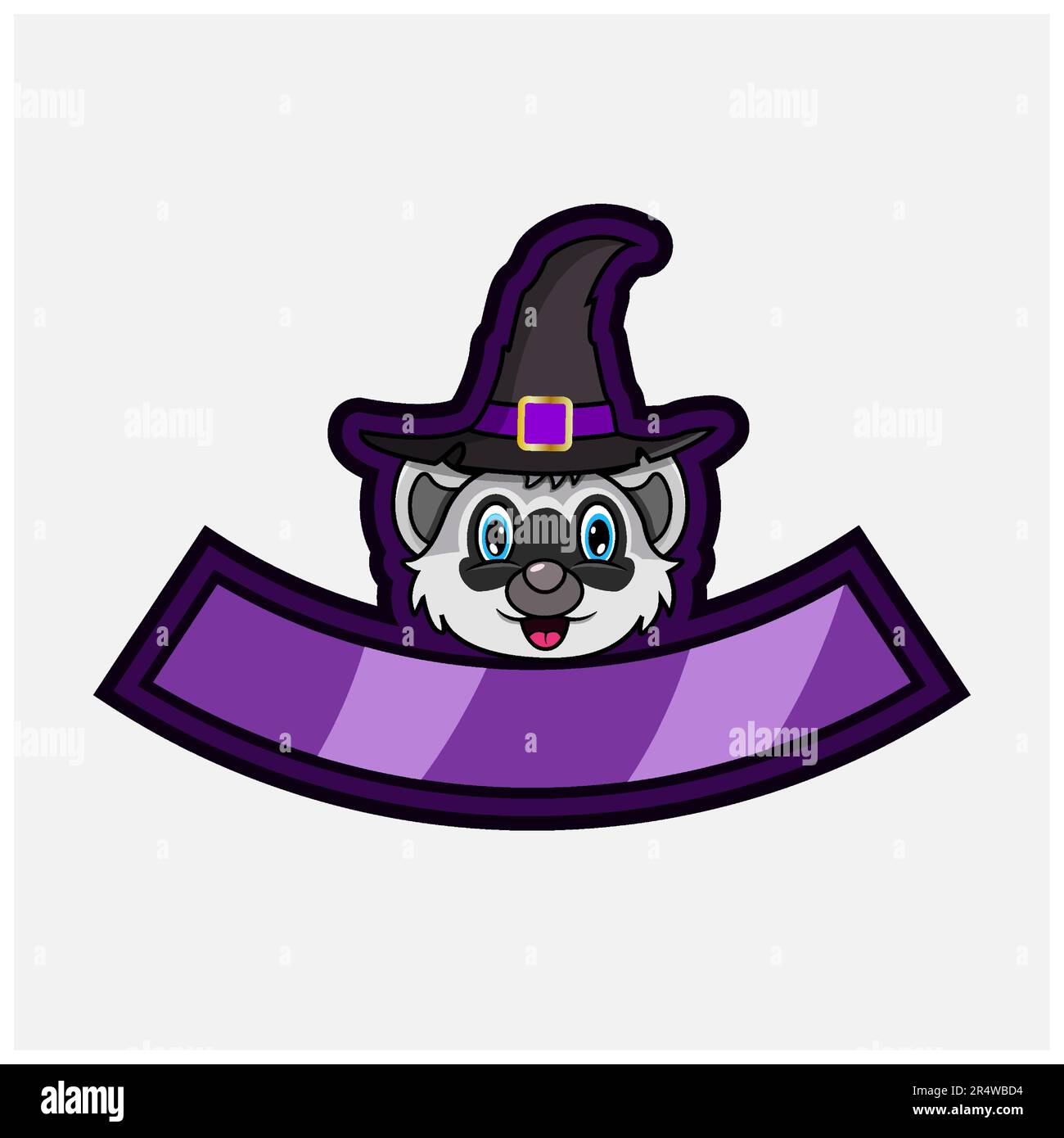 Carino personaggio Raccoon Head. Per Logo, icone, badge, emblema ed etichetta con Witch Hat. Vettore e illustrazione. Illustrazione Vettoriale