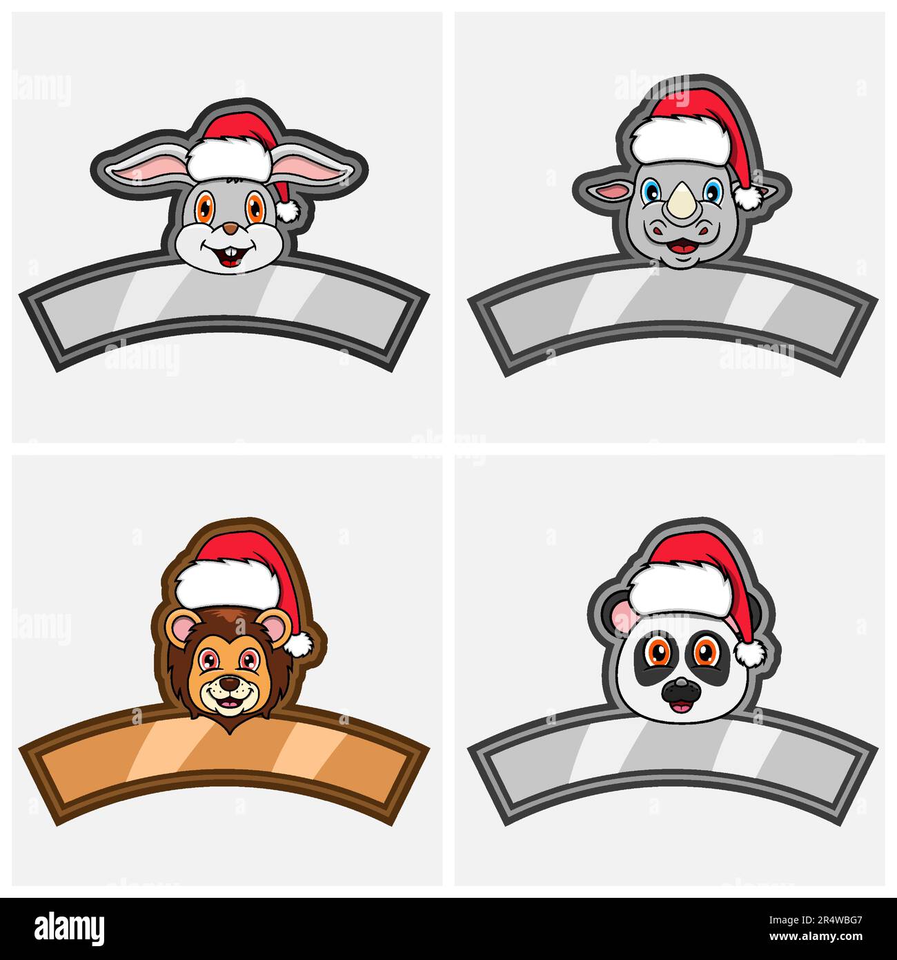 Impostare il carattere testa degli animali carini. Per Logo, icone ed etichette con cappello di Natale. Coniglio, Rhino, Leone e Panda. Vettore e illustrazione. Illustrazione Vettoriale