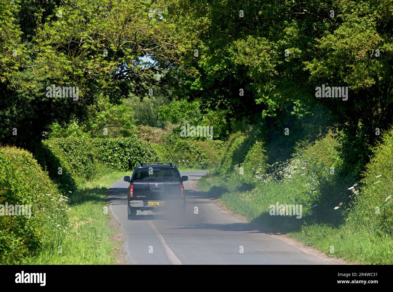 Nissan Navara auto con scarico inquinante su monoposto Breighton Road, East Yorkshire, Inghilterra UK Foto Stock