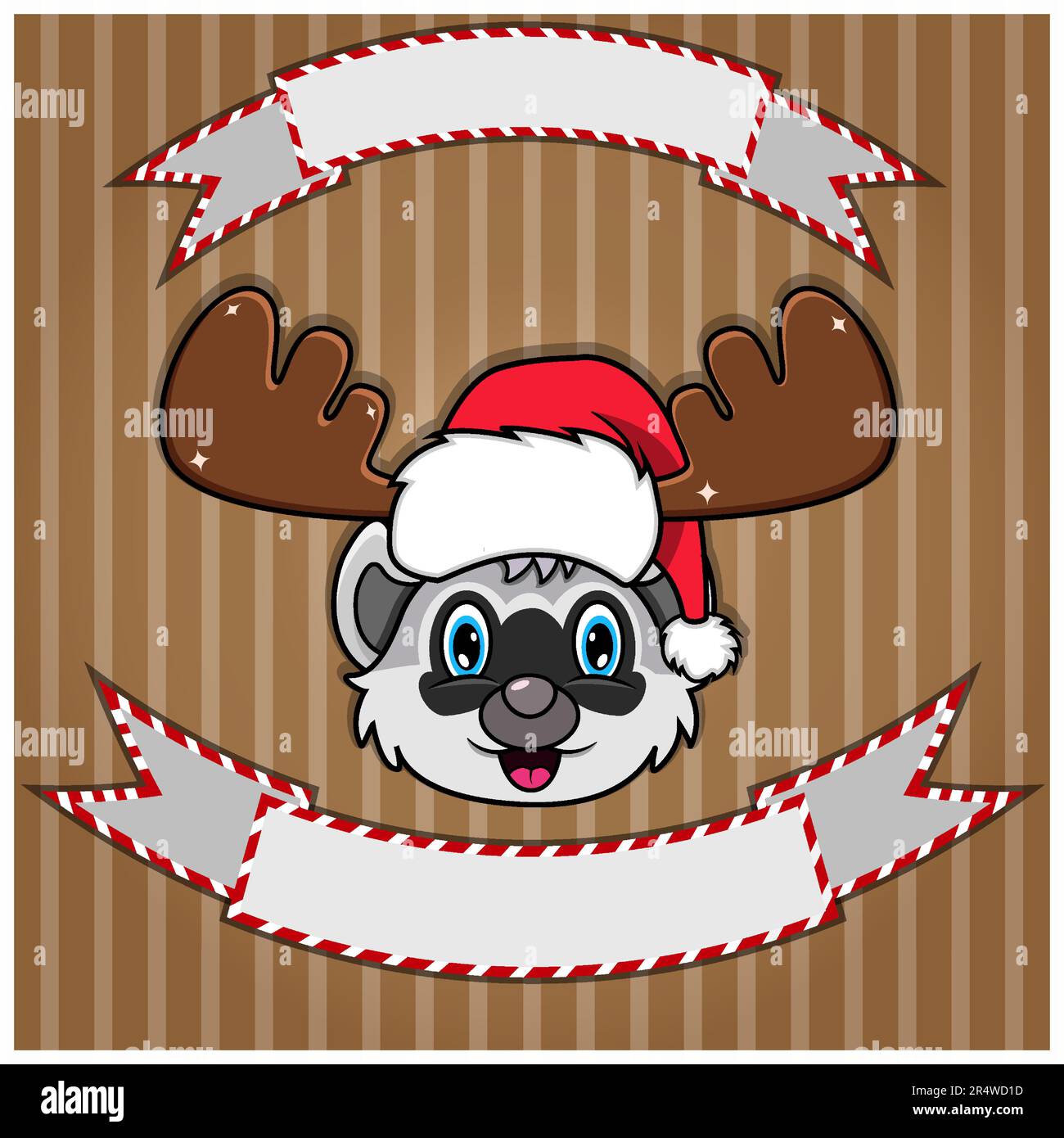 Cute testa di Raccoon con cappello di Natale. Etichetta e banner vuoti. Personaggio, mascotte e icona. Vettore e illustrazione. Illustrazione Vettoriale