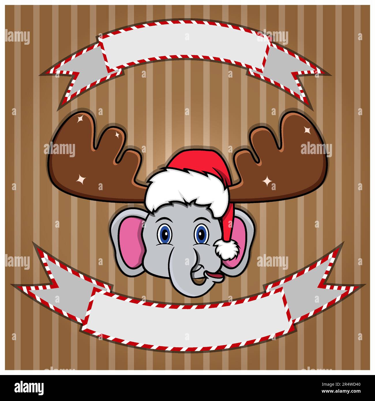 Cute testa di elefante con cappello di Natale. Etichetta e banner vuoti. Personaggio, mascotte e icona. Vettore e illustrazione. Illustrazione Vettoriale