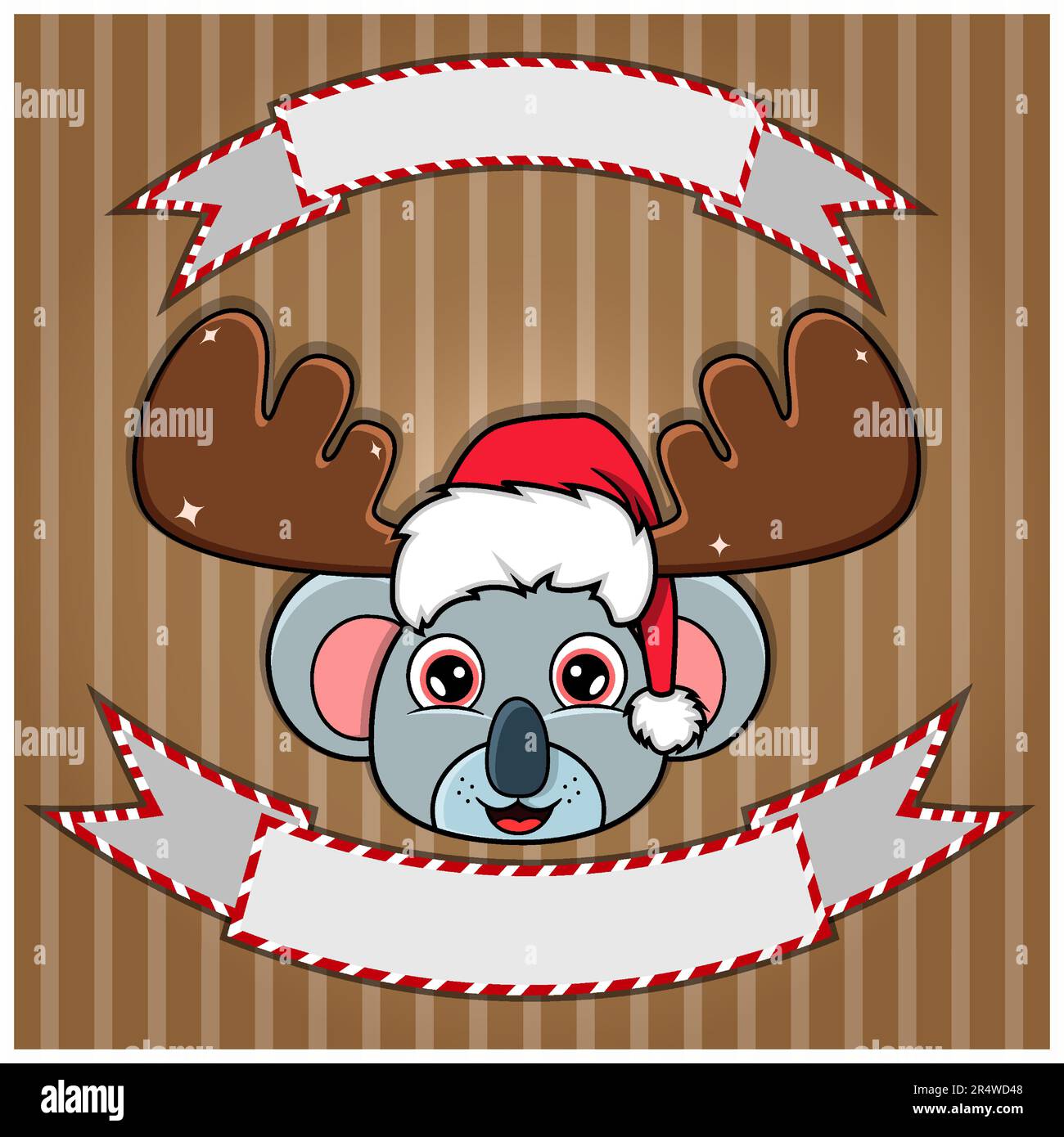 Carino Koala testa con cappello di Natale. Etichetta e banner vuoti. Personaggio, mascotte e icona. Vettore e illustrazione. Illustrazione Vettoriale
