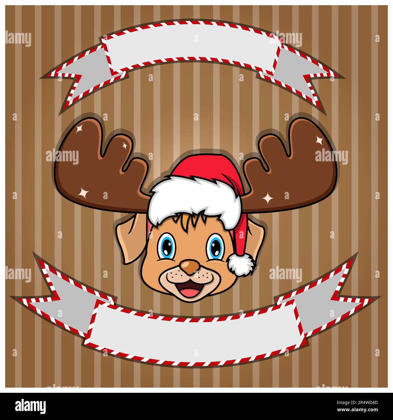 Cute testa del cane con cappello di Natale. Etichetta e banner vuoti. Personaggio, mascotte e icona. Vettore e illustrazione. Illustrazione Vettoriale