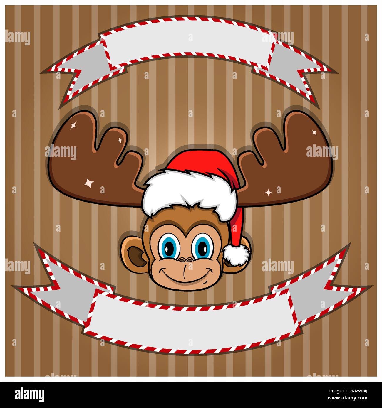 Testa di scimmia carina con cappello di Natale. Etichetta e banner vuoti. Personaggio, mascotte e icona. Vettore e illustrazione. Illustrazione Vettoriale