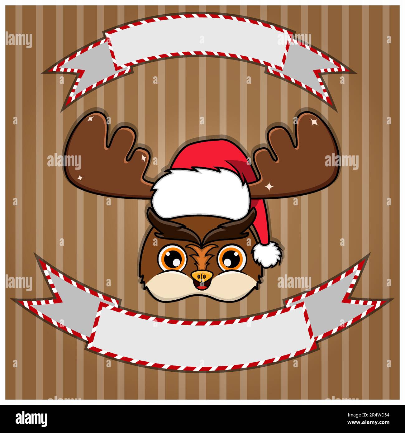 Cute Owl Head con cappello di Natale. Etichetta e banner vuoti. Personaggio, mascotte e icona. Vettore e illustrazione. Illustrazione Vettoriale