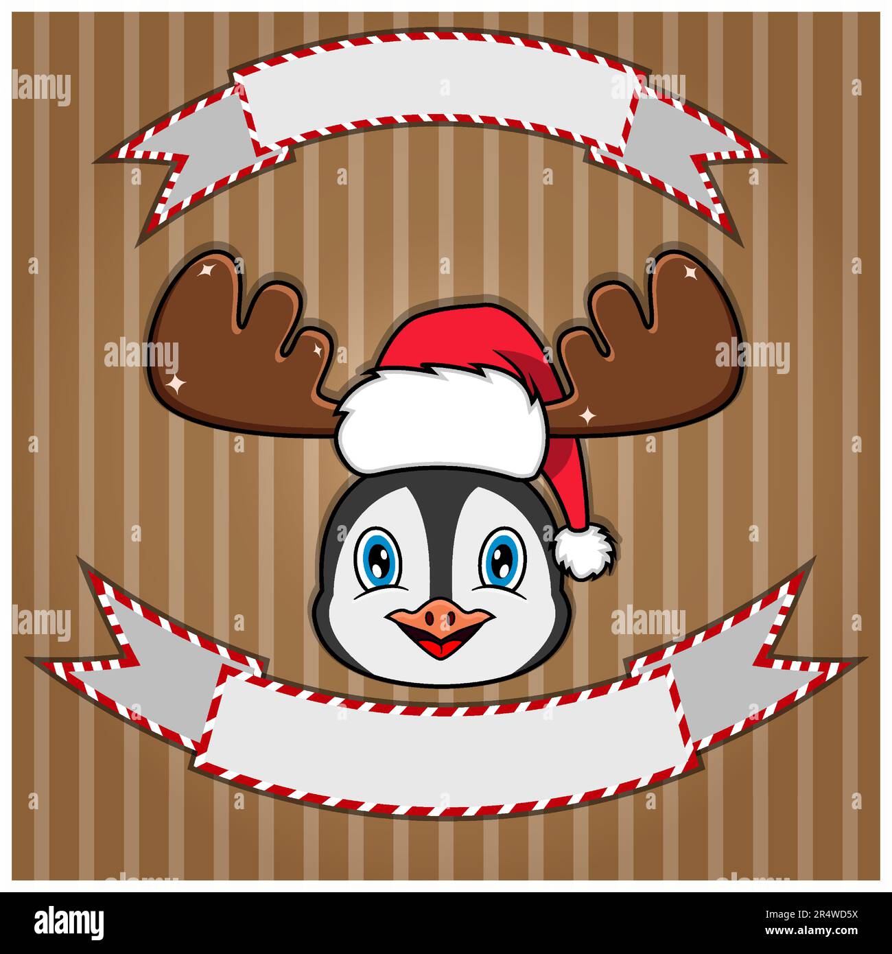 Cute Penguin Head con cappello di Natale. Etichetta e banner vuoti. Personaggio, mascotte e icona. Vettore e illustrazione. Illustrazione Vettoriale