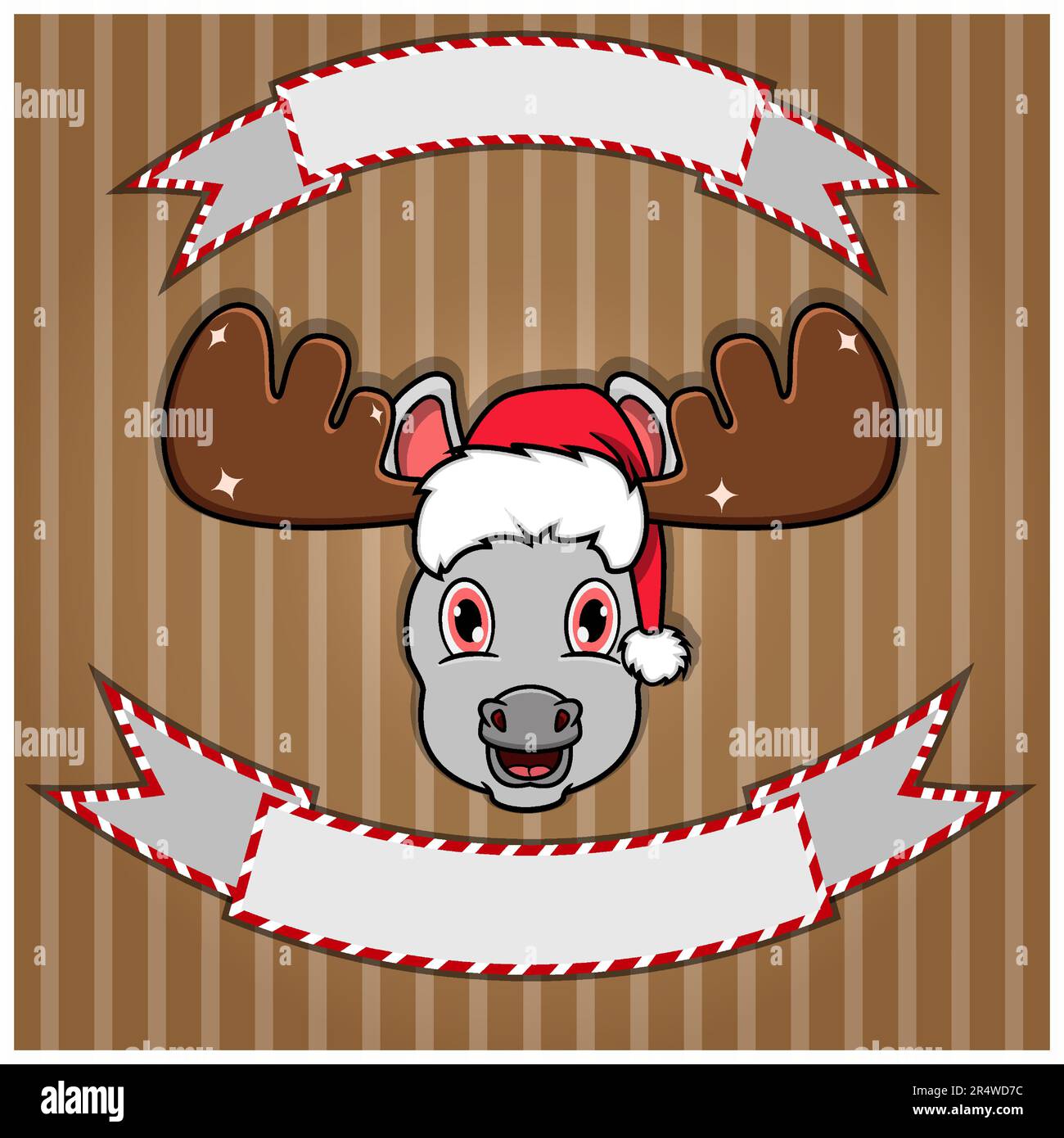 Carino asino testa con cappello di Natale. Etichetta e banner vuoti. Personaggio, mascotte e icona. Vettore e illustrazione. Illustrazione Vettoriale