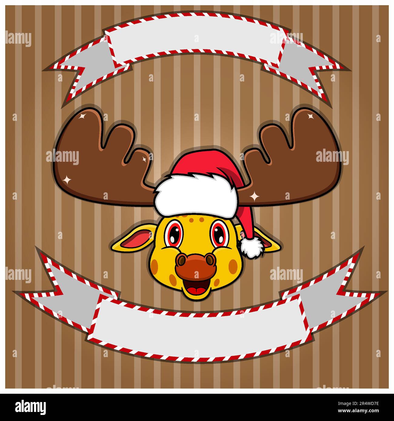 Testa di giraffa carina con cappello di Natale. Etichetta e banner vuoti. Personaggio, mascotte e icona. Vettore e illustrazione. Illustrazione Vettoriale