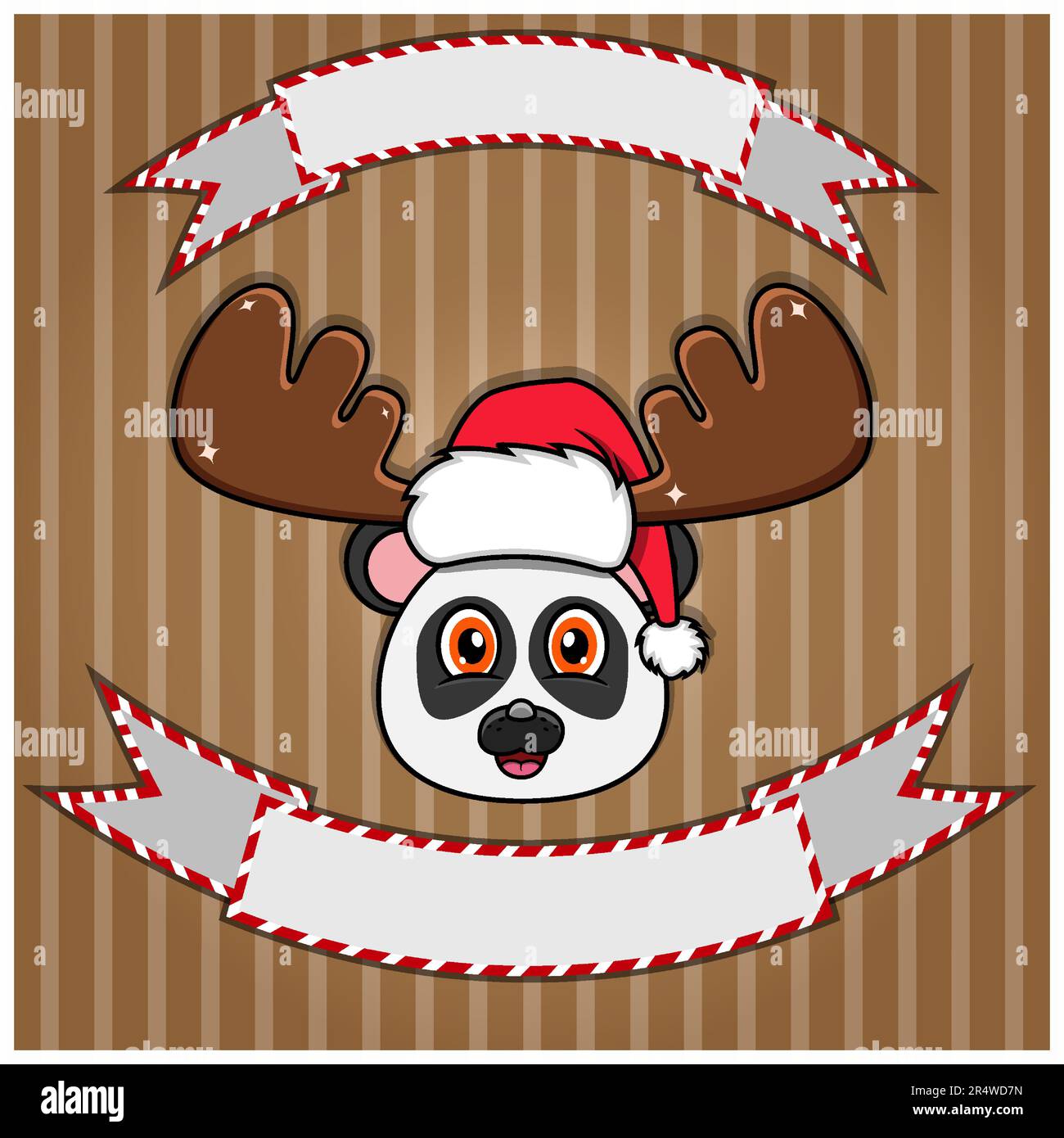 Carino Panda testa con cappello di Natale. Etichetta e banner vuoti. Personaggio, mascotte e icona. Vettore e illustrazione. Illustrazione Vettoriale