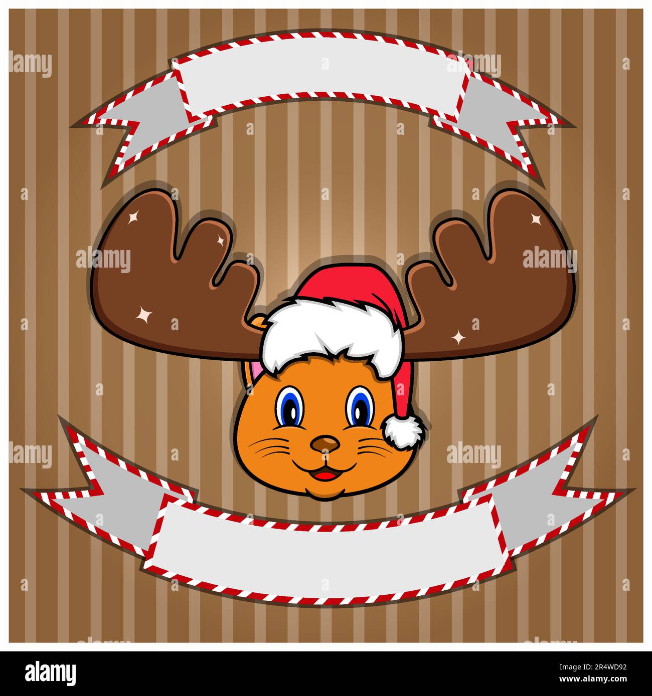 Carino gatto testa con cappello di Natale. Etichetta e banner vuoti. Personaggio, mascotte e icona. Vettore e illustrazione. Illustrazione Vettoriale