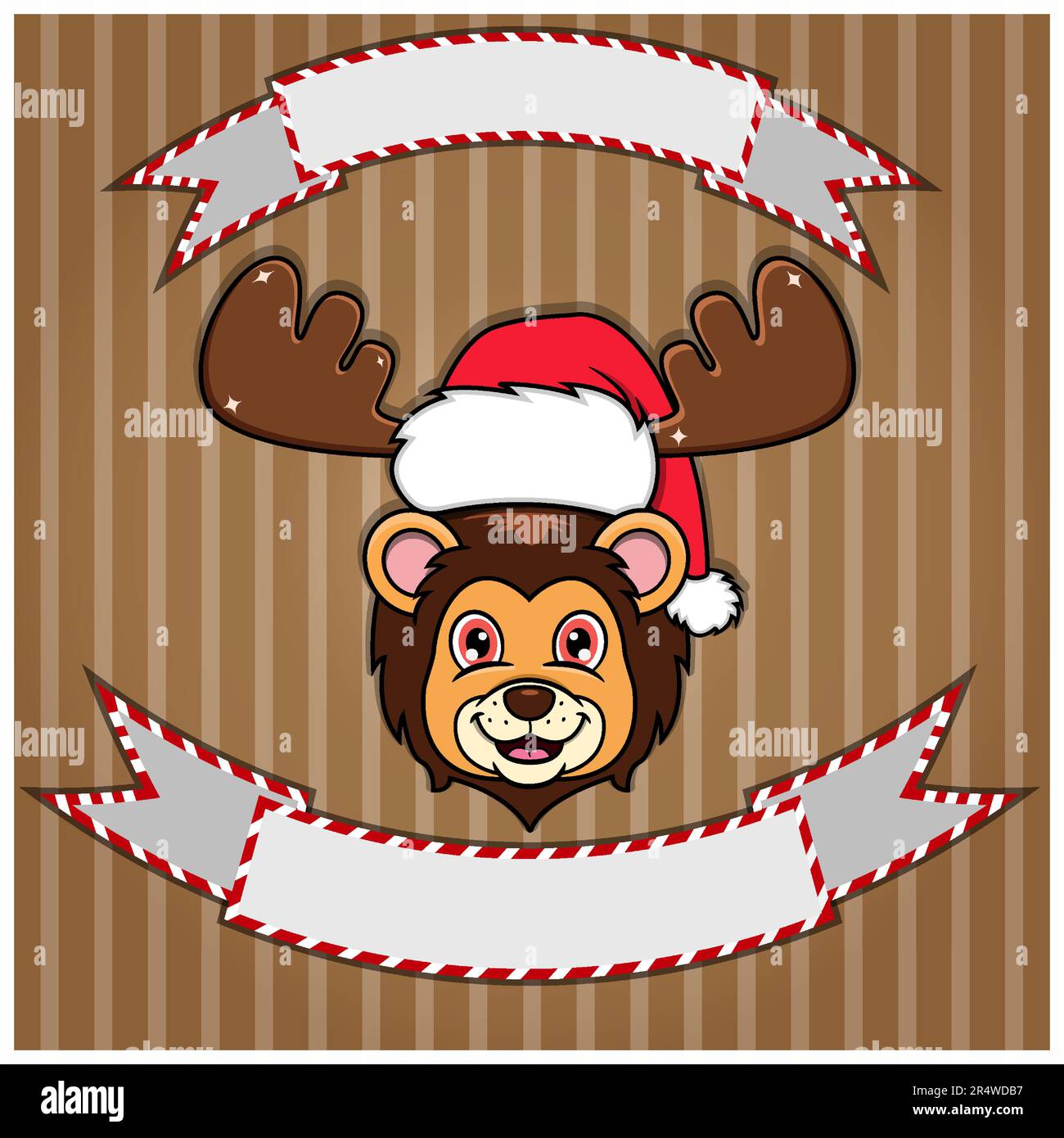 Cute Lion Head con cappello di Natale. Etichetta e banner vuoti. Personaggio, mascotte e icona. Vettore e illustrazione. Illustrazione Vettoriale