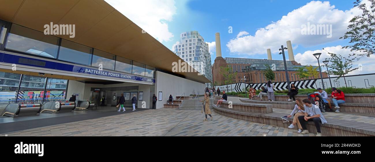 Panorama della centrale elettrica di Battersea dalla nuova stazione della metropolitana Northern Line, Nine Elms, Wandsworth, Londra, Inghilterra, REGNO UNITO, SW11 8BJ Foto Stock
