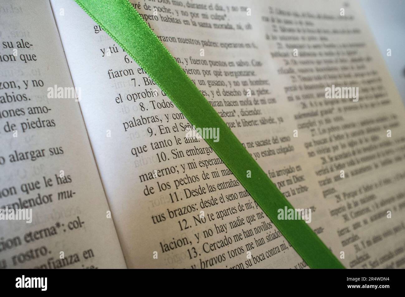 Aprire la Bibbia al Libro dei Salmi. Segnalibro con limite verde sulla pagina Foto Stock