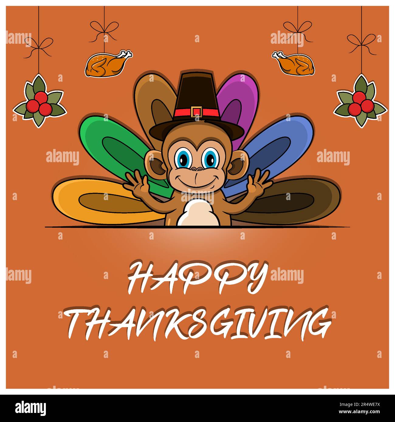 Felice biglietto di auguri per il Ringraziamento, Poster o Flyer Celebration Design con carattere scimmia. Vettore e illustrazione. Illustrazione Vettoriale