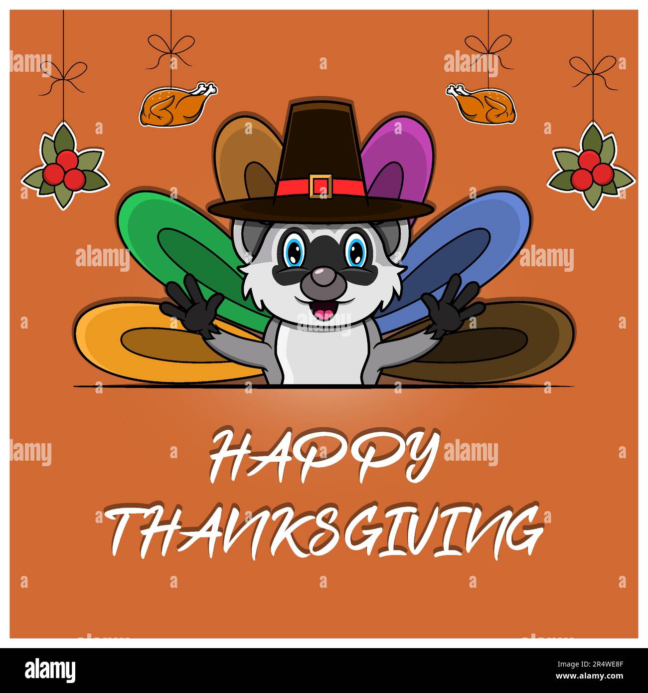 Biglietto di auguri per il Ringraziamento felice, poster o volantino con il personaggio di Raccoon. Vettore e illustrazione. Illustrazione Vettoriale