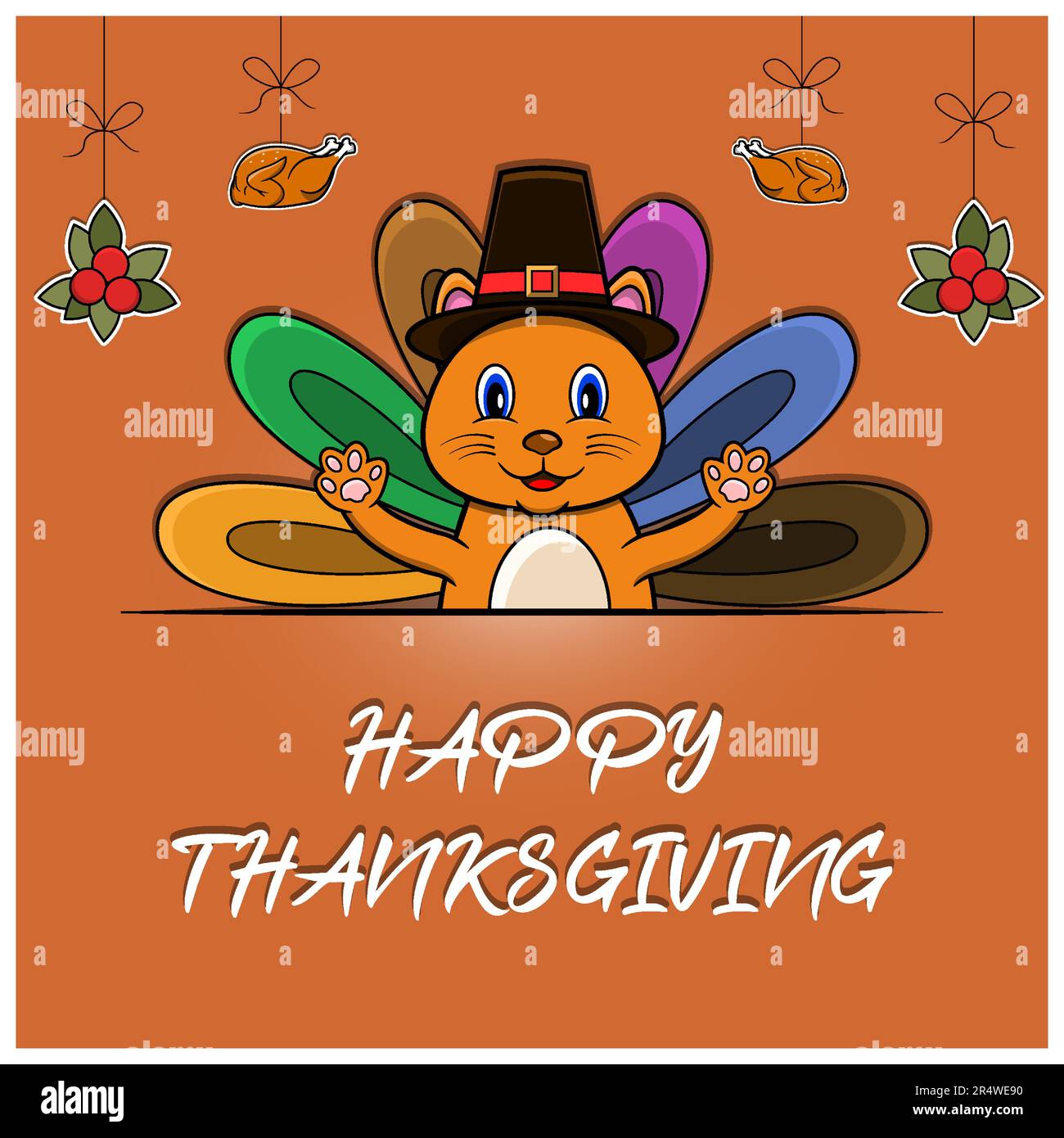 Biglietto d'auguri per il Ringraziamento felice, poster o volantino con il carattere Cat. Vettore e illustrazione. Illustrazione Vettoriale