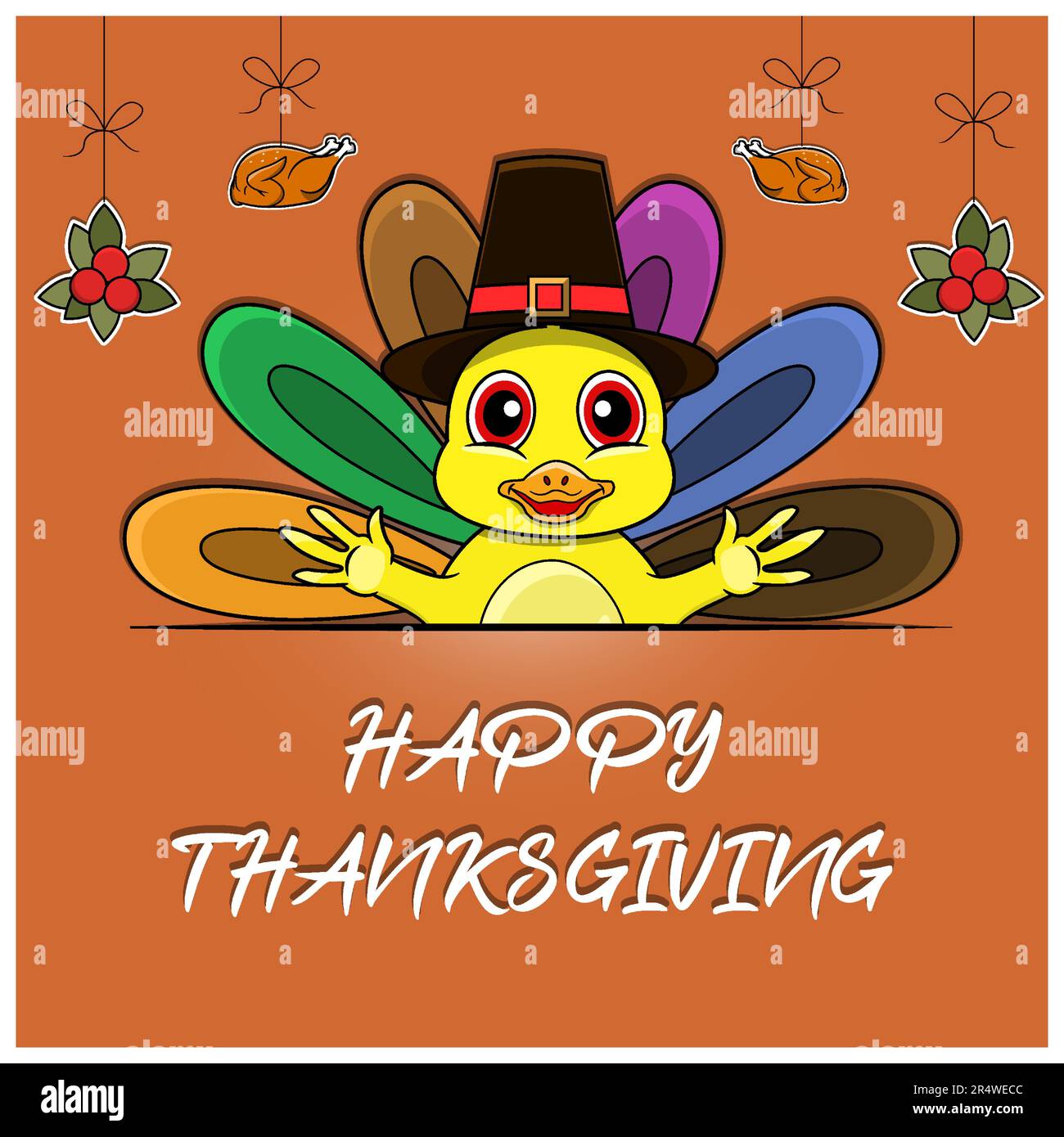 Felice biglietto di auguri per il Ringraziamento, Poster o Flyer Celebration Design con personaggio Duck. Vettore e illustrazione. Illustrazione Vettoriale