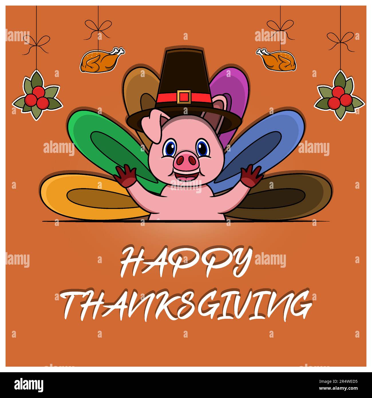 Felice biglietto di auguri per il Ringraziamento, Poster o Flyer Celebration Design con personaggio Pig. Vettore e illustrazione. Illustrazione Vettoriale