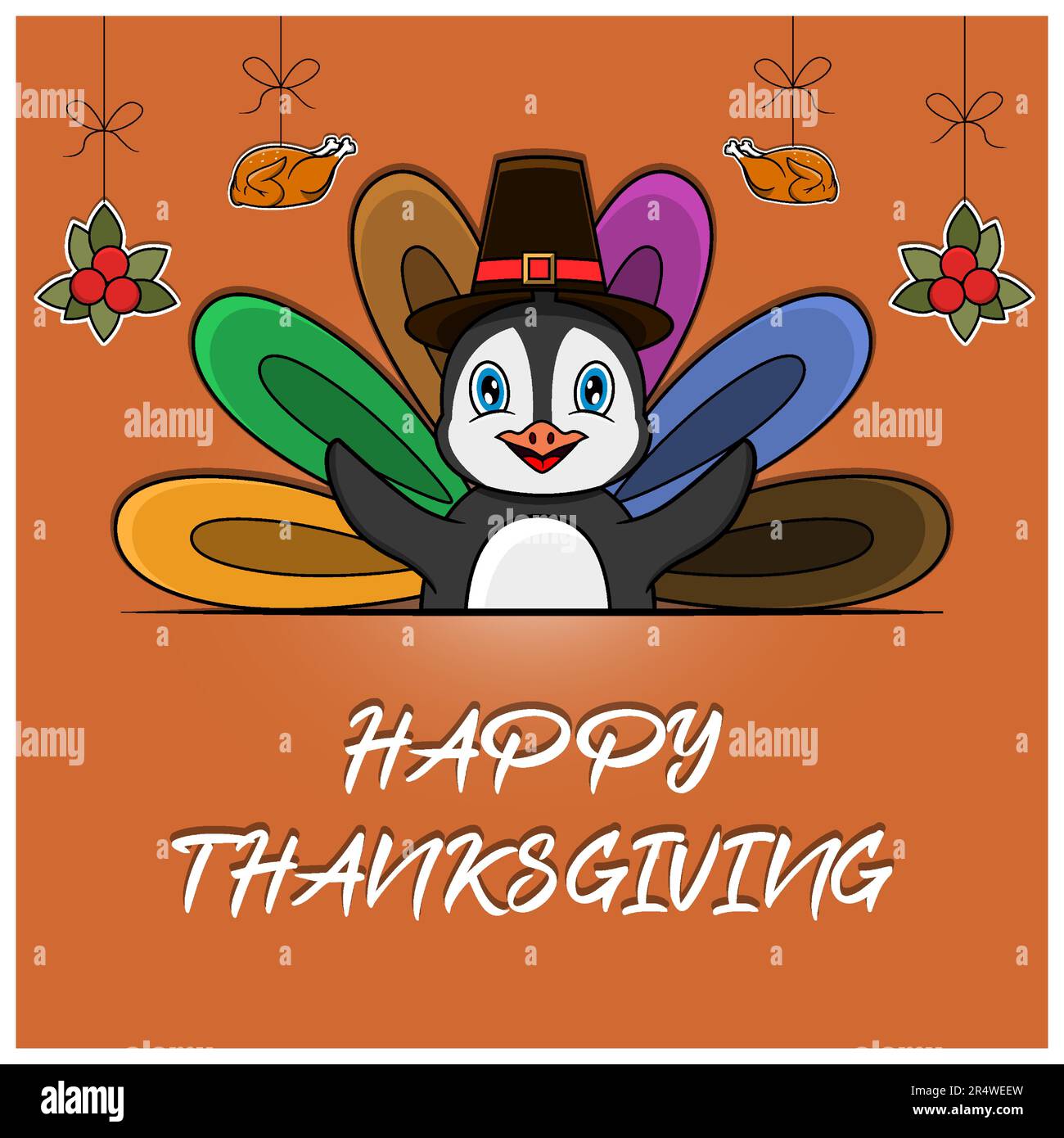 Biglietto di auguri per il Ringraziamento felice, poster o volantino Celebration Design con carattere pinguino. Vettore e illustrazione. Illustrazione Vettoriale