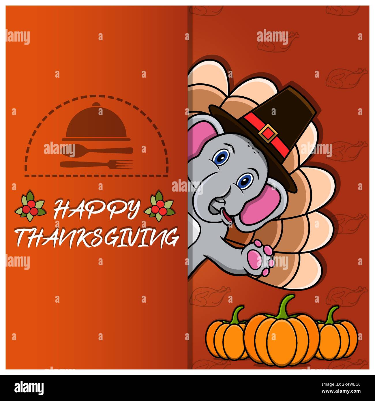 Scheda di ringraziamento con disegno di carattere dell'elefante. Felice Ringraziamento. Perfetto per biglietti d'auguri, poster o Flyer Celebration Design. Vettore illustrati Illustrazione Vettoriale