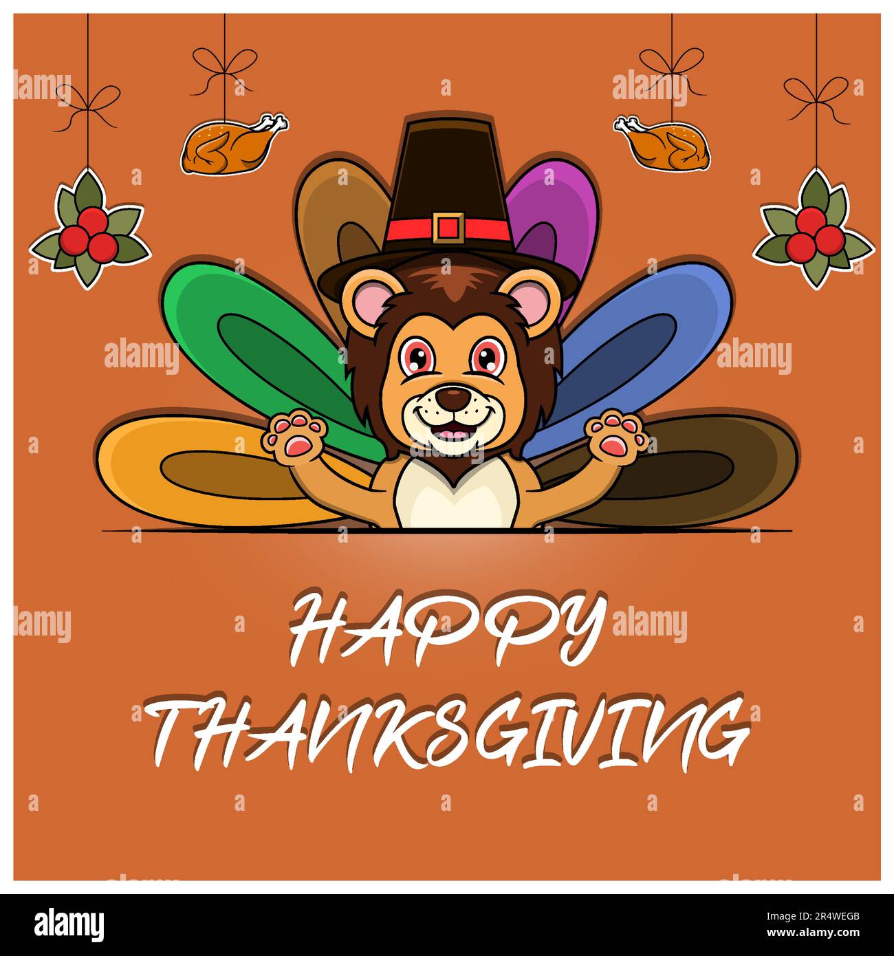 Felice biglietto di auguri per il Ringraziamento, poster o volantino Celebration Design con personaggio Lion. Vettore e illustrazione. Illustrazione Vettoriale