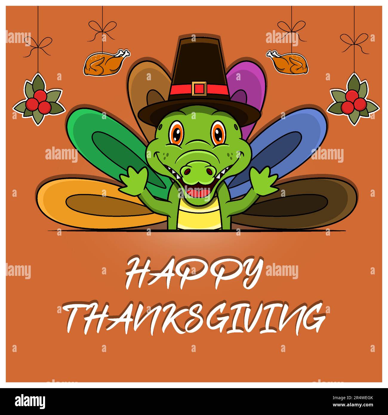 Biglietto d'auguri per il Ringraziamento felice, poster o volantino con un carattere di coccodrillo. Vettore e illustrazione. Illustrazione Vettoriale